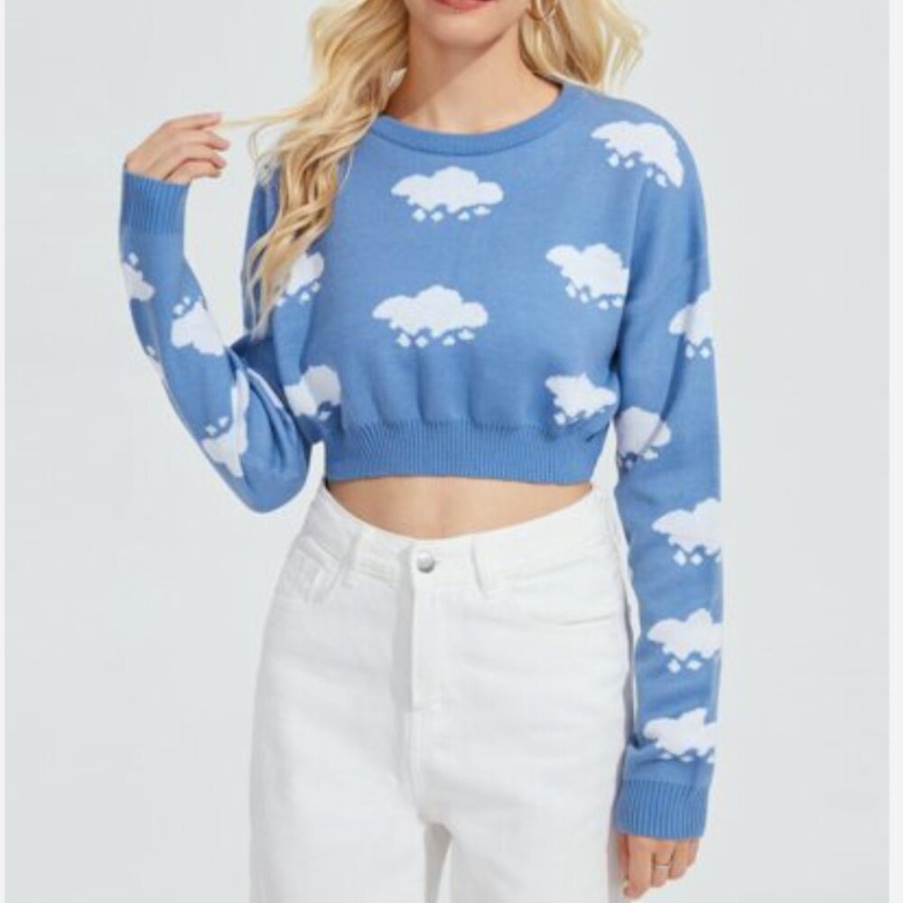 SHEIN Blue Cloud Print Cropped Crew Neck Sweater